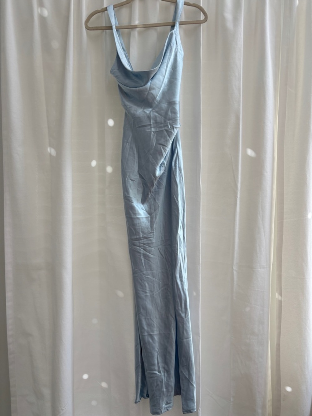 Selfie Leslie Pale Blue Satin Cowl Slip Dress